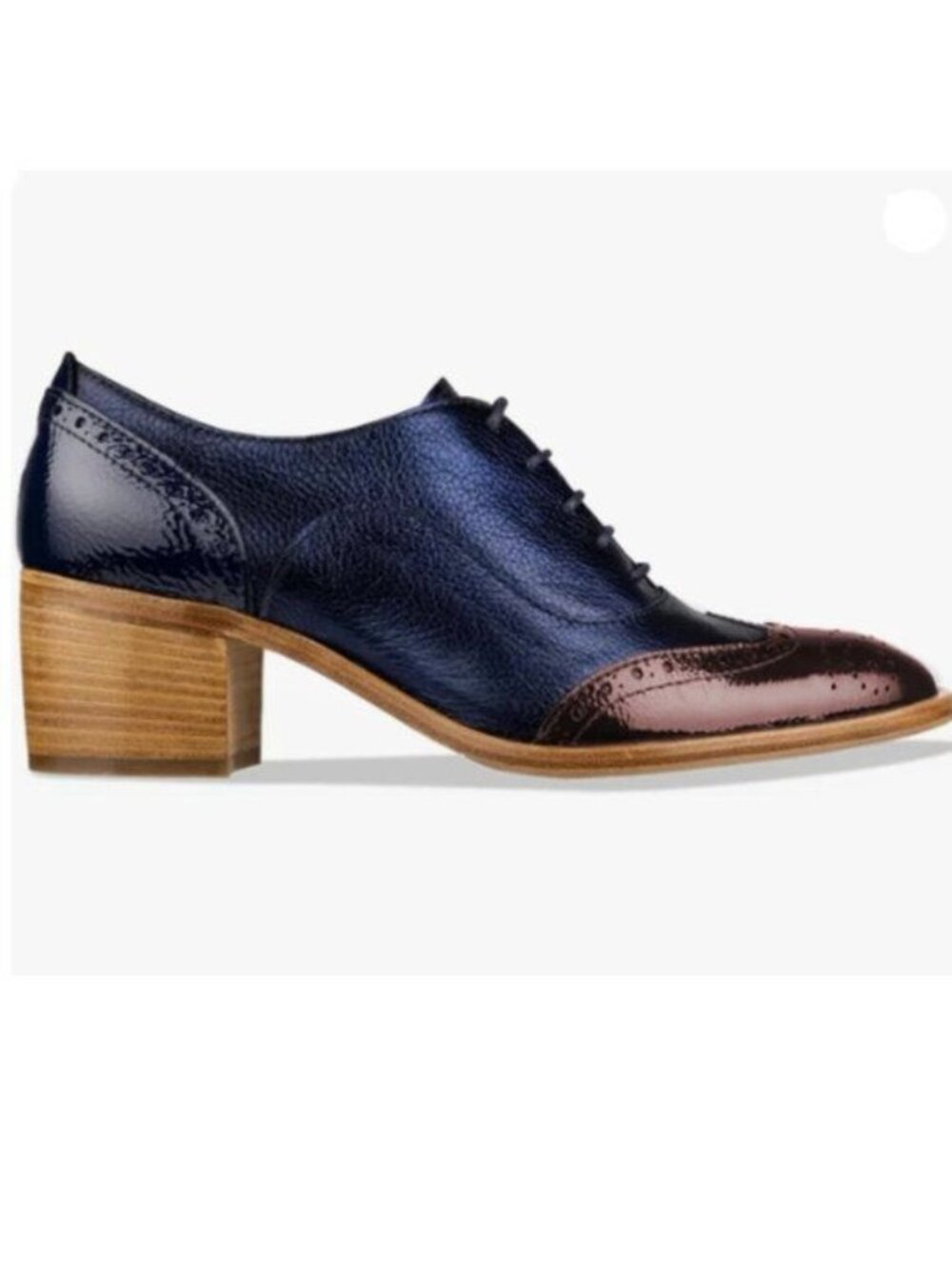 FOWT Women's Perforated Lace-Up Oxfords Almond Toe Mid Chunky Heel Brogues Blue